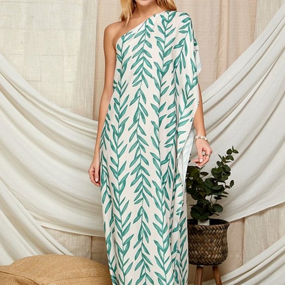 LEAF PRINT ONE SHOULDER SATIN MAXI DRESS - Picture 6 of 7